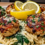 Lemony Chicken Ricotta Meatballs served over garlic spinach orzo with parmesan and fresh lemon wedges on top.