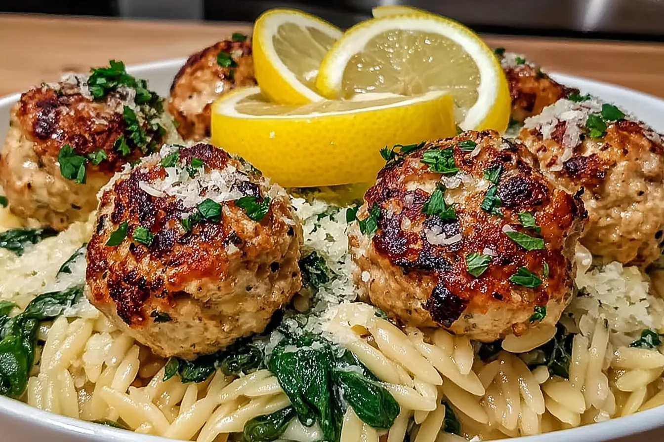 Lemony Chicken Ricotta Meatballs served over garlic spinach orzo with parmesan and fresh lemon wedges on top.