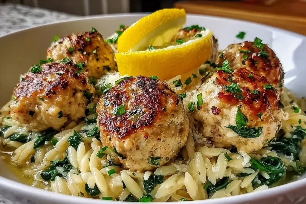 Lemony Chicken Ricotta Meatballs over garlic spinach orzo, topped with parmesan, parsley, and a fresh lemon wedge in a white bowl.