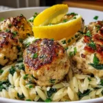 Lemony Chicken Ricotta Meatballs over garlic spinach orzo, topped with parmesan, parsley, and a fresh lemon wedge in a white bowl.