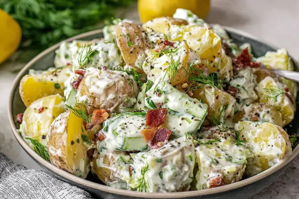 Creamy Jamie Oliver Potato Salad with lemony sour cream dressing, crispy bacon bits, dill, and tender potatoes in a rustic bowl.
