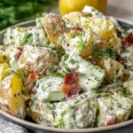 Creamy Jamie Oliver Potato Salad with lemony sour cream dressing, crispy bacon bits, dill, and tender potatoes in a rustic bowl.