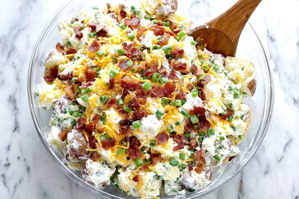 Loaded Baked Potato Salad in a clear bowl, topped with crispy bacon, shredded cheddar, and green onions, with a wooden spoon on a marble counter.