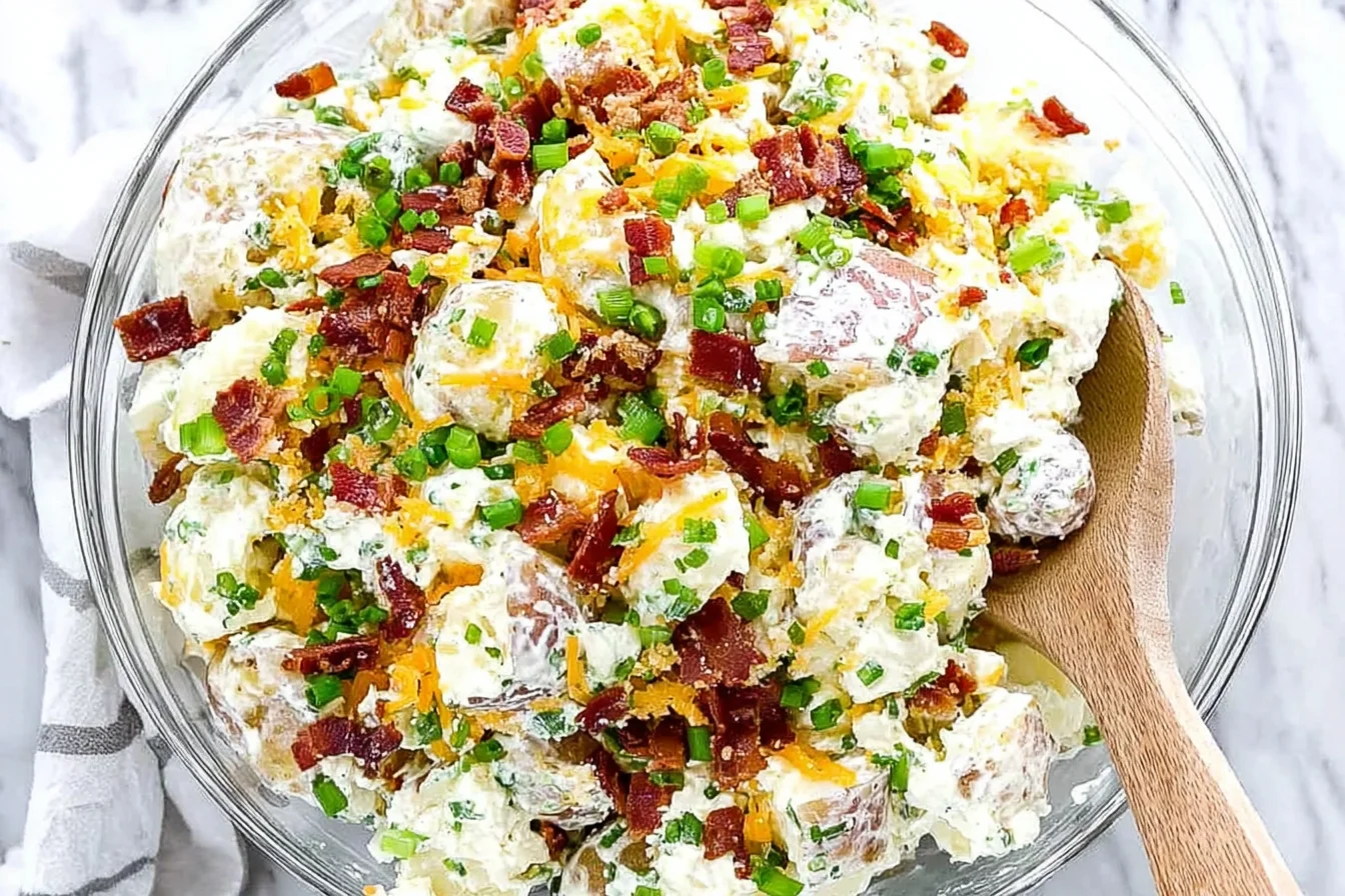Loaded Baked Potato Salad in a glass bowl topped with crispy bacon, shredded cheddar, and chopped green onions on a light marble background.