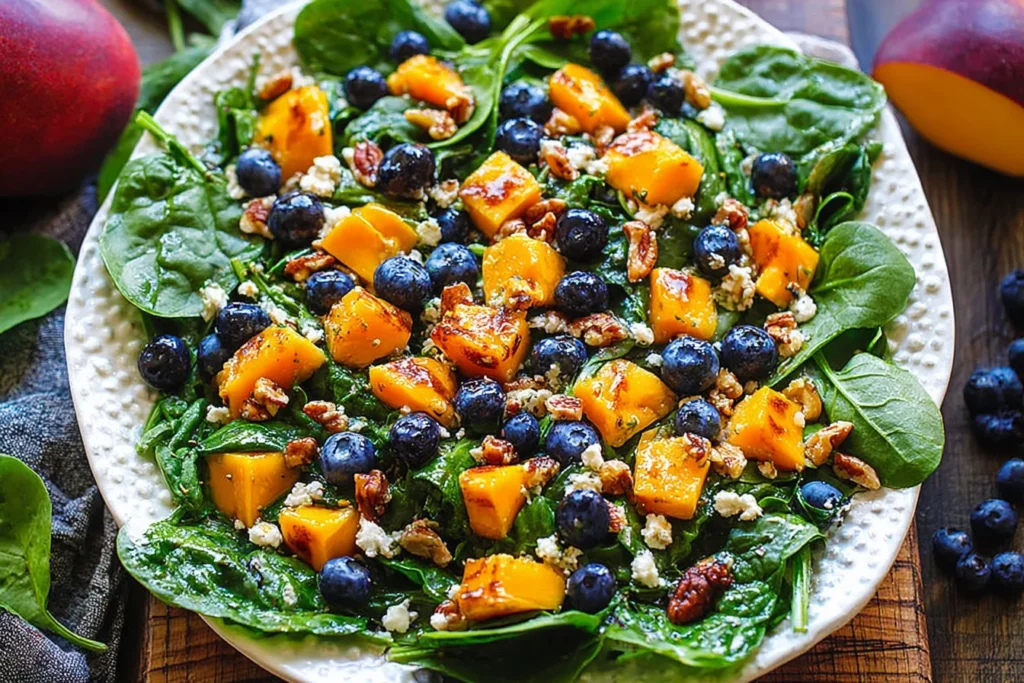 Mango Salad with Spinach and Blueberries on a white plate with diced mango, fresh blueberries, feta crumbles, and honey-glazed nuts.