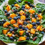 Mango Salad with Spinach and Blueberries on a white plate with diced mango, fresh blueberries, feta crumbles, and honey-glazed nuts.