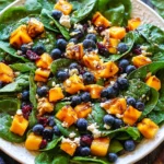 Mango Salad with Spinach and Blueberries topped with honey-glazed walnuts, feta, and a lemon-honey dressing on fresh baby spinach.