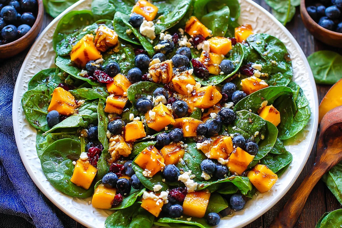 Mango Salad with Spinach and Blueberries topped with honey-glazed walnuts, feta, and a lemon-honey dressing on fresh baby spinach.