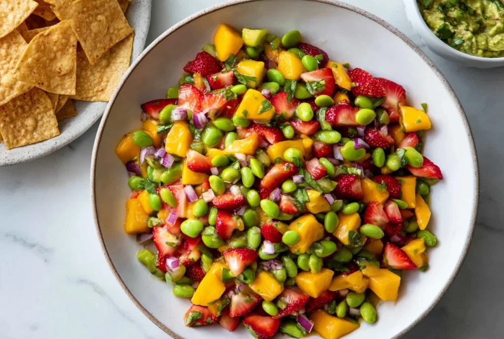 Mango Strawberry Avocado Edamame Salsa in a large bowl with tortilla chips—mango, strawberries, edamame, red onion, herbs, and lime dressing.