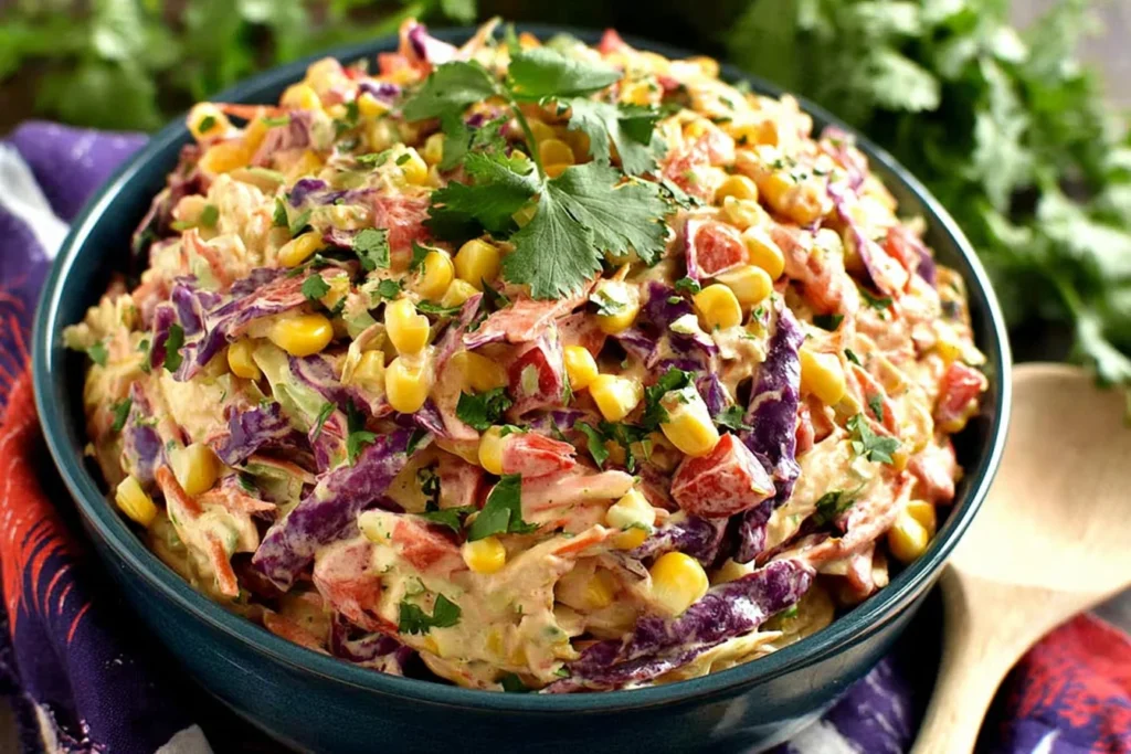 Mexican Coleslaw piled in a bowl—creamy cabbage slaw with corn, red pepper, cilantro, and zesty lime taco dressing.