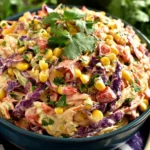 Mexican Coleslaw piled in a bowl—creamy cabbage slaw with corn, red pepper, cilantro, and zesty lime taco dressing.