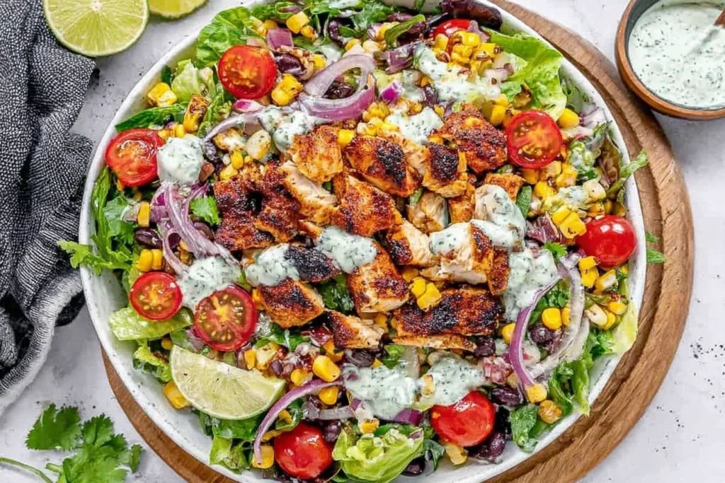 Mexican Grilled Chicken Salad in a bowl with grilled chicken, romaine, black beans, corn, cherry tomatoes, red onion, and creamy avocado dressing.