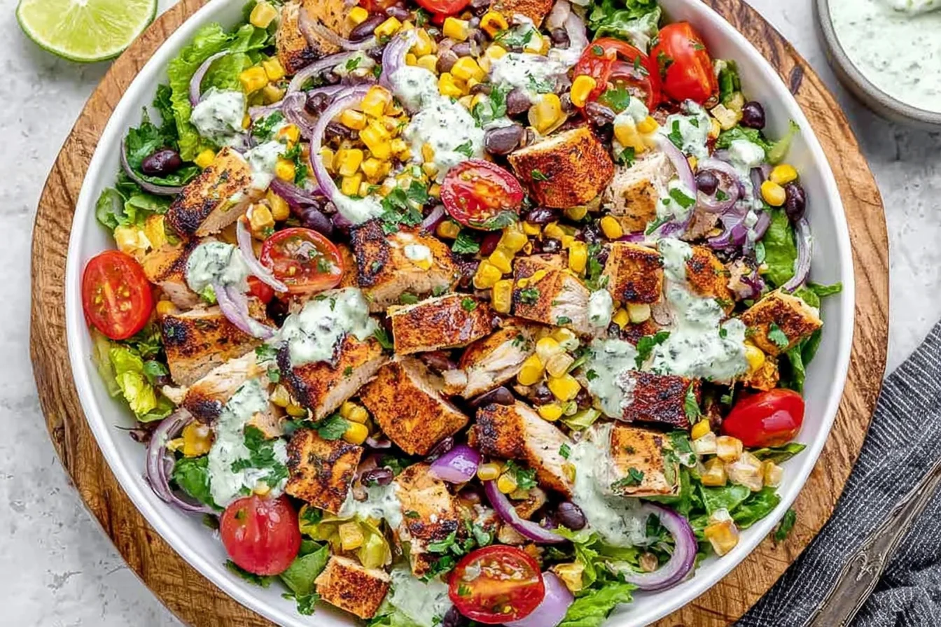 Mexican Grilled Chicken Salad with black beans, corn, tomatoes, red onion, and creamy avocado cilantro dressing in a large bowl.