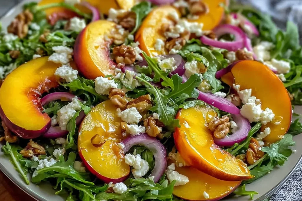 Peach Arugula Salad with sliced peaches, peppery arugula, crumbled goat cheese, walnuts, and red onion, drizzled with honey balsamic dressing.