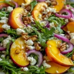 Peach Arugula Salad with sliced peaches, peppery arugula, crumbled goat cheese, walnuts, and red onion, drizzled with honey balsamic dressing.