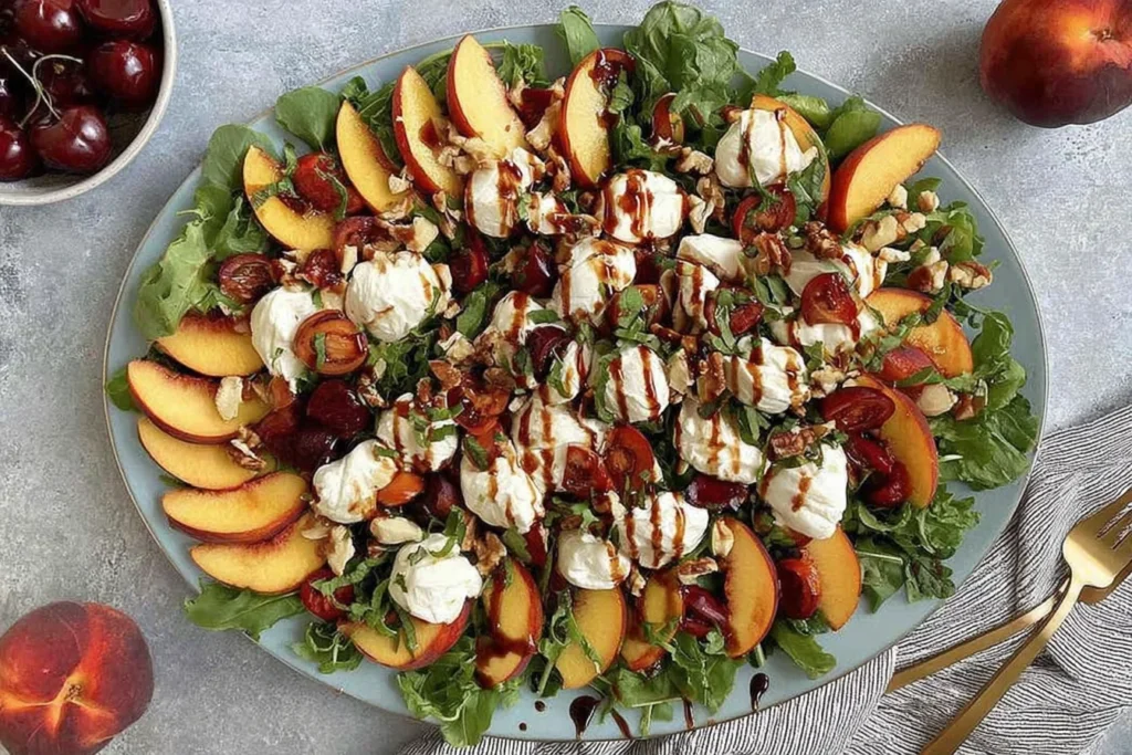 Peach and Burrata Salad with arugula, sliced peaches, cherries, burrata cheese, chopped nuts, fresh herbs, and balsamic glaze on a large platter.