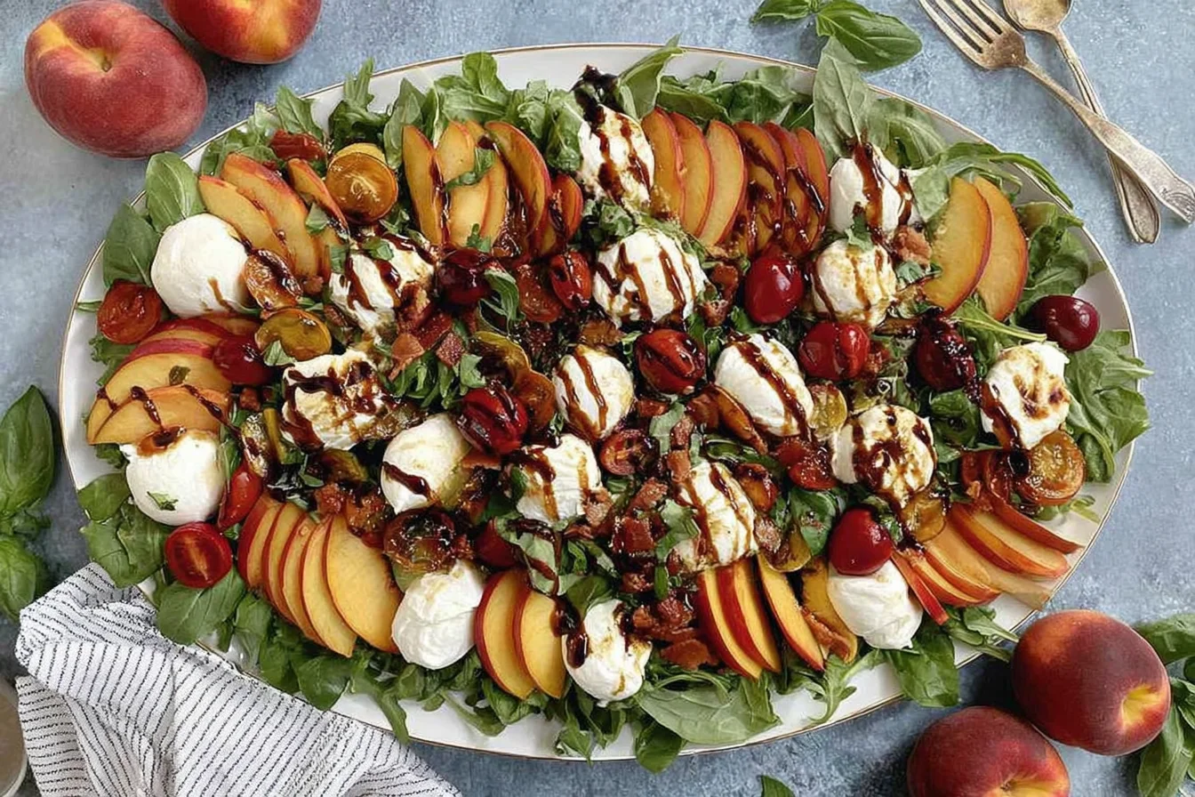 Peach and Burrata Salad on a platter with arugula, sliced peaches, cherries, creamy burrata, and balsamic glaze drizzle.