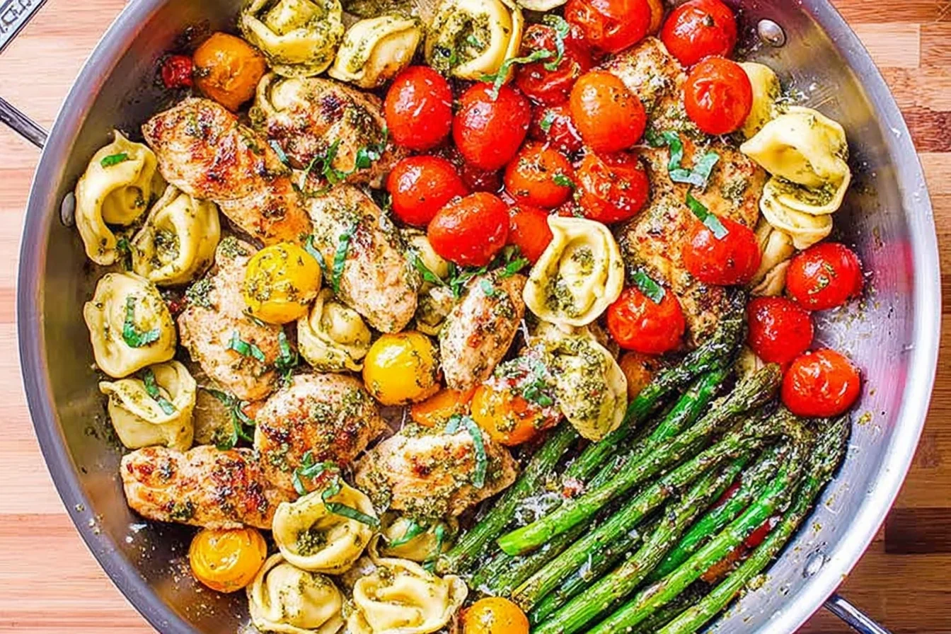 Pesto Chicken Tortellini and Veggies in a skillet with pesto-coated chicken, tortellini, asparagus, and cherry tomatoes.