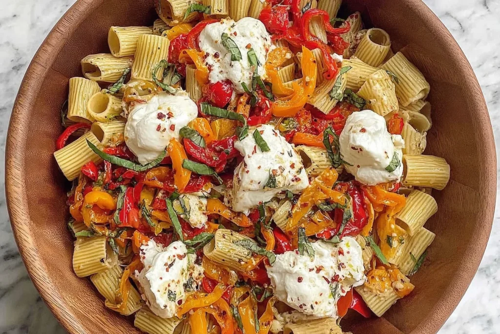 Roasted Pepper Pasta Salad with Burrata topped with creamy burrata, roasted red and yellow peppers, basil ribbons, and ridged rigatoni in a wooden serving bowl.