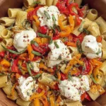 Roasted Pepper Pasta Salad with Burrata topped with creamy burrata, roasted red and yellow peppers, basil ribbons, and ridged rigatoni in a wooden serving bowl.