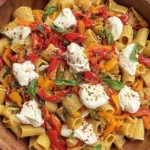 Roasted Pepper Pasta Salad with Burrata in a wooden bowl with rigatoni, roasted red and yellow bell peppers, fresh basil, and creamy burrata dollops.