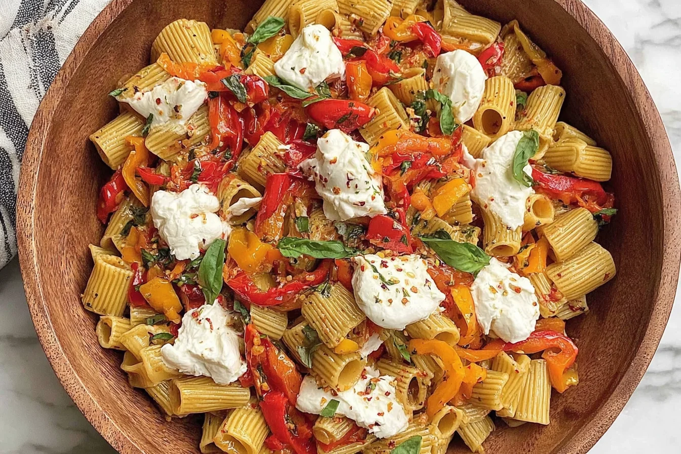 Roasted Pepper Pasta Salad with Burrata in a wooden bowl with rigatoni, roasted red and yellow bell peppers, fresh basil, and creamy burrata dollops.
