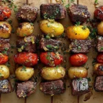 Rosemary Garlic Steak Kebabs on skewers with grilled sirloin cubes, baby potatoes, and blistered grape tomatoes, finished with herbs.