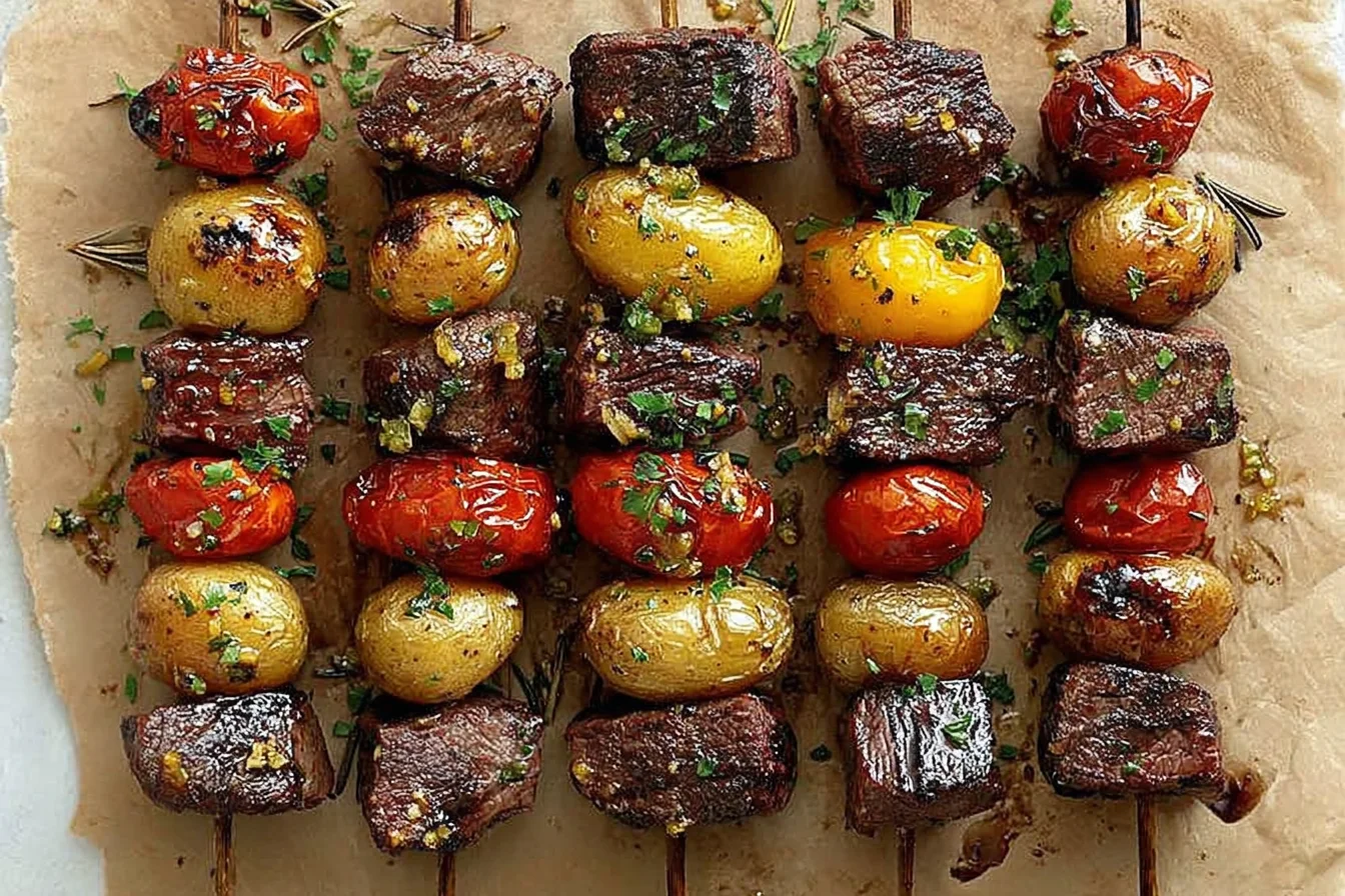 Rosemary Garlic Steak Kebabs on skewers with grilled sirloin cubes, baby potatoes, and blistered grape tomatoes, finished with herbs.