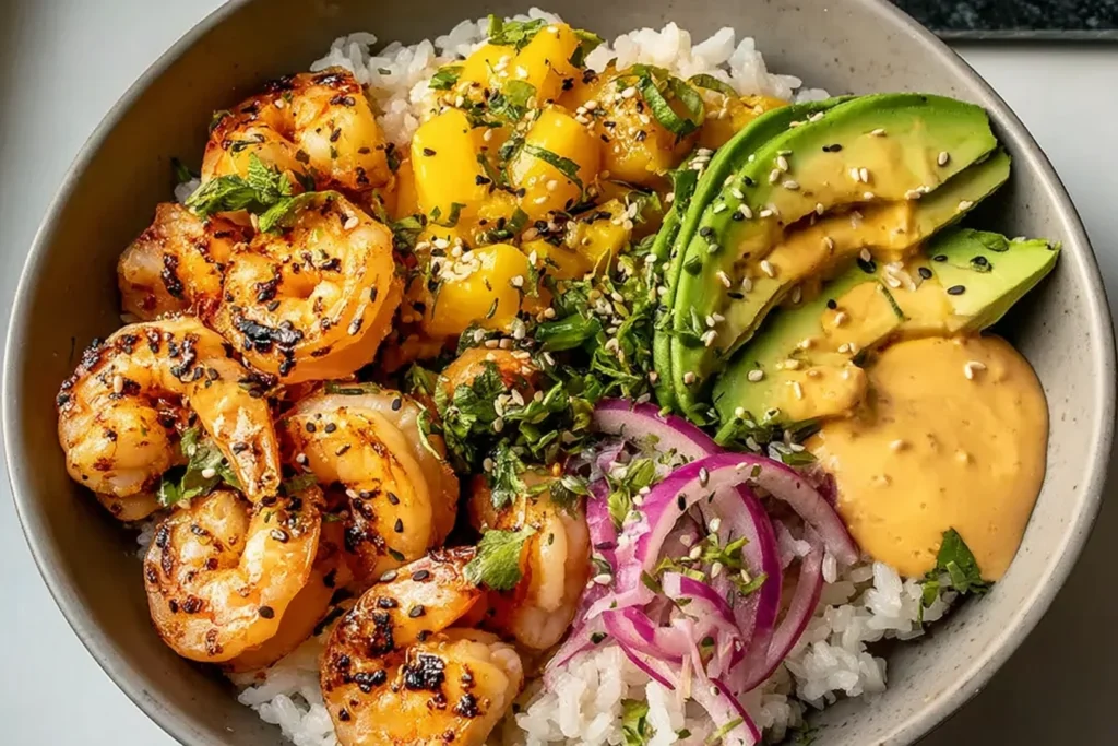Shrimp and Avocado Bowl over fluffy white rice with charred chili shrimp, mango salsa, sliced avocado, pickled red onions, and creamy sriracha-lime sauce.