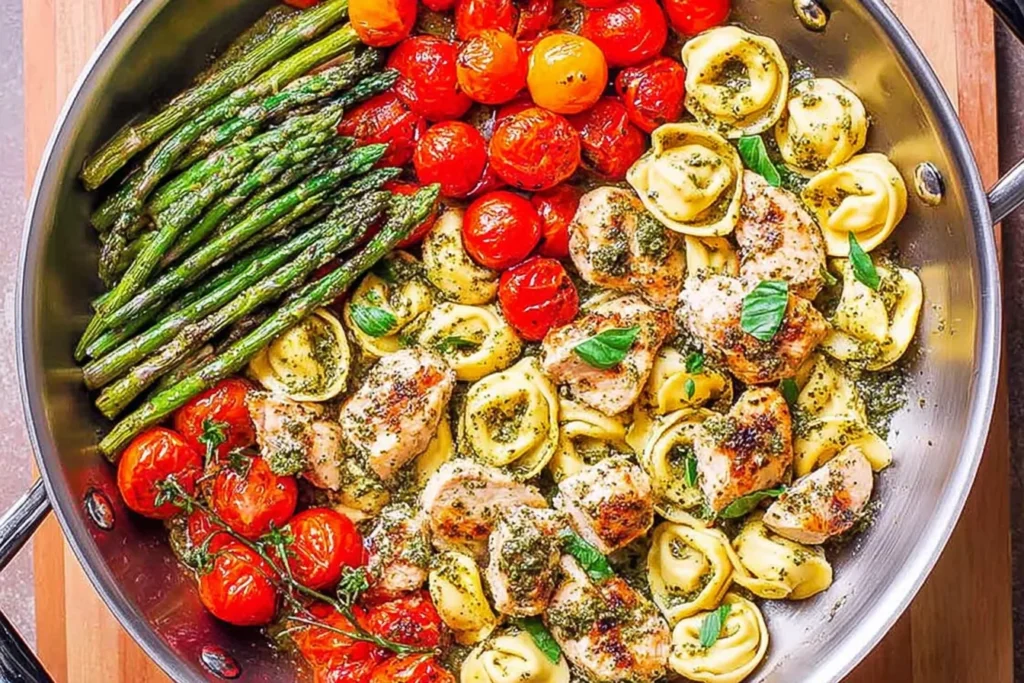 Pesto Chicken Tortellini and Veggies skillet with basil pesto chicken, cheesy tortellini, roasted cherry tomatoes, and tender asparagus.