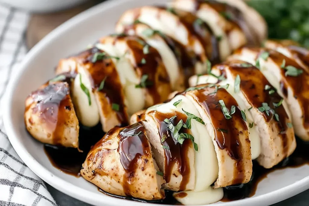 Balsamic Baked Chicken Breast with Mozzarella Cheese sliced and drizzled with balsamic glaze, topped with fresh basil on a white serving platter.