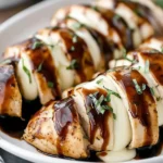 Balsamic Baked Chicken Breast with Mozzarella Cheese sliced and drizzled with balsamic glaze, topped with fresh basil on a white serving platter.