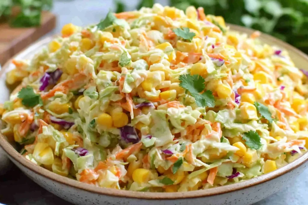 Bowl of Spicy Corn Slaw with sweet corn, shredded cabbage, carrots, cilantro, and creamy lime dressing.