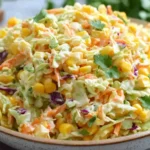Bowl of Spicy Corn Slaw with sweet corn, shredded cabbage, carrots, cilantro, and creamy lime dressing.