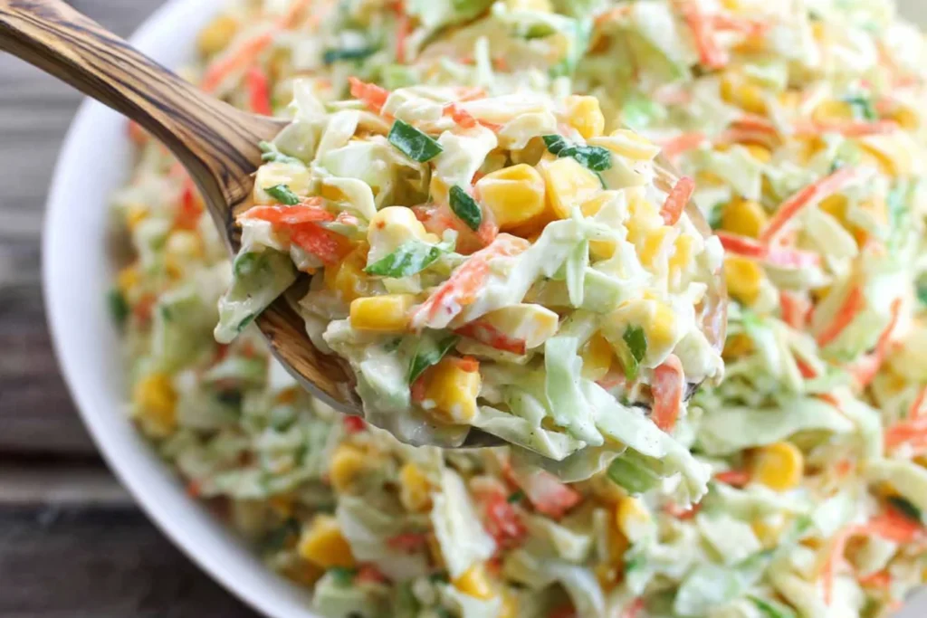 Spoonful of Spicy Corn Slaw with corn, cabbage, carrots, and creamy lime dressing in a serving bowl.