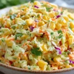 Spicy Corn Slaw in a bowl with sweet corn, shredded cabbage, carrots, cilantro, and creamy lime dressing.