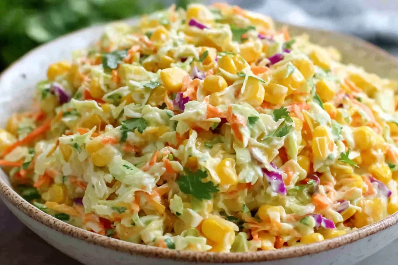 Spicy Corn Slaw in a bowl with sweet corn, shredded cabbage, carrots, cilantro, and creamy lime dressing.