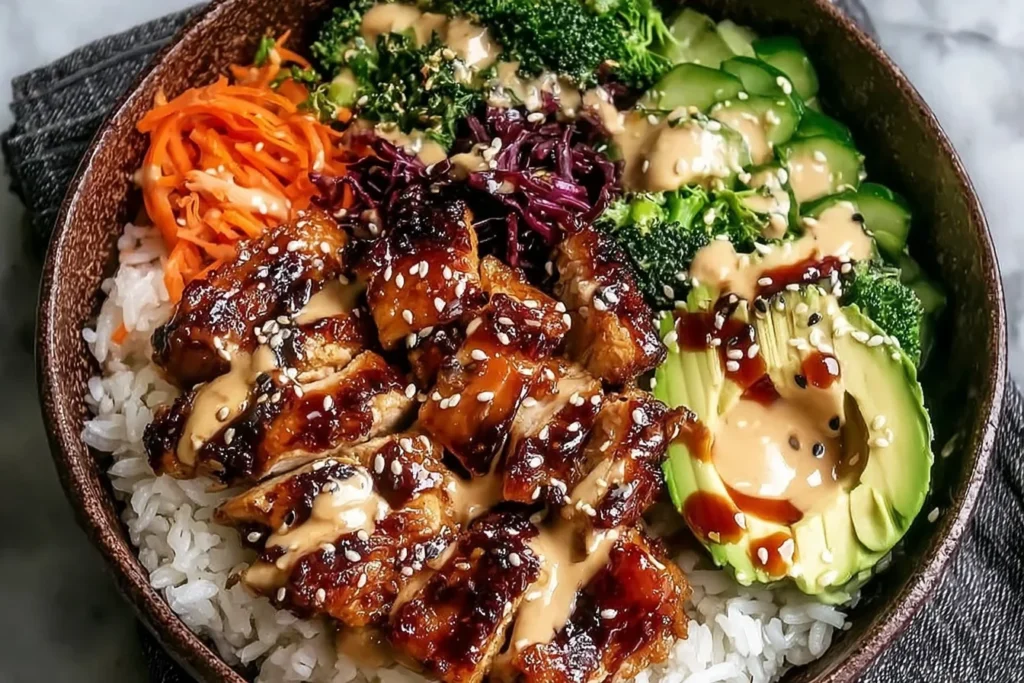 Sticky Chicken Poke Bowls with glossy honey-soy chicken, rice, avocado, broccoli, cucumber, and spicy mayo drizzle topped with sesame seeds.