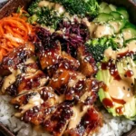 Sticky Chicken Poke Bowls with glossy honey-soy chicken, rice, avocado, broccoli, cucumber, and spicy mayo drizzle topped with sesame seeds.