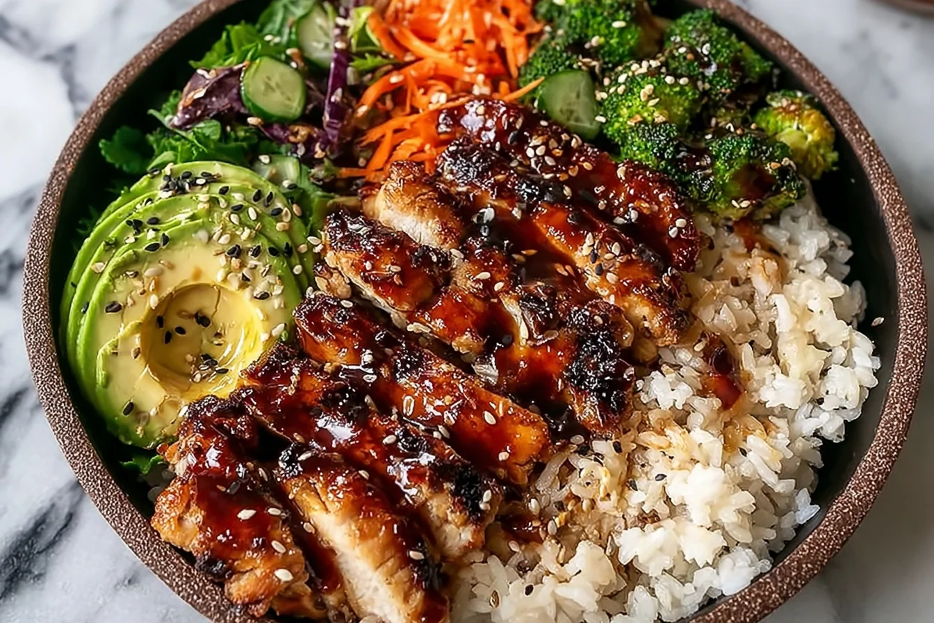 Sticky Chicken Poke Bowls with glazed sticky chicken over rice, broccoli, avocado, and sesame seeds in a healthy weeknight bowl.