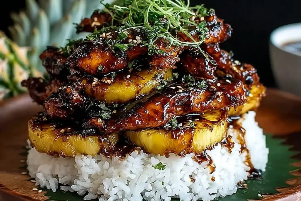 Hawaiian Huli Huli Chicken Stack layered with sticky glazed chicken and grilled pineapple over white rice, finished with sesame seeds and fresh herbs.