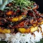 Hawaiian Huli Huli Chicken Stack layered with sticky glazed chicken and grilled pineapple over white rice, finished with sesame seeds and fresh herbs.