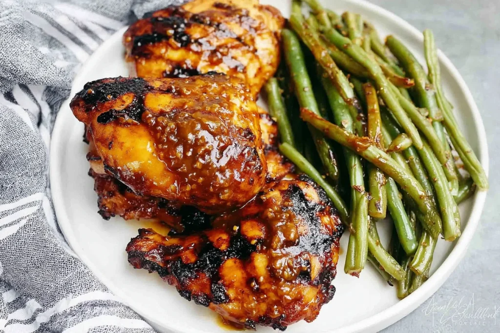 Grilled Honey Mustard Chicken with Green Beans plated with sticky honey mustard-glazed chicken thighs and tender green beans on a white dish.