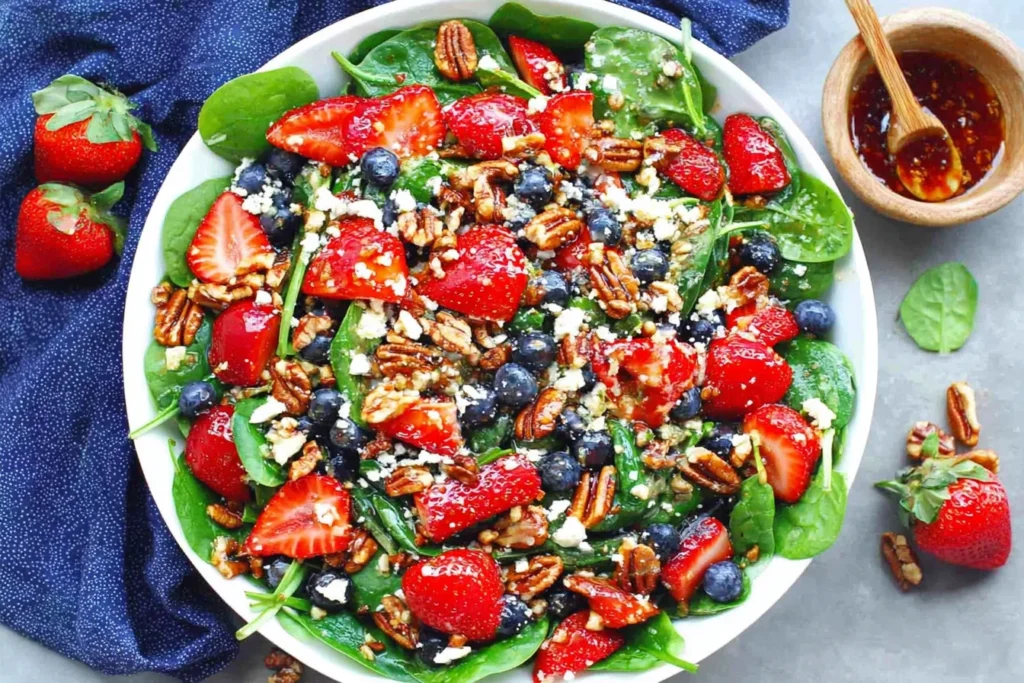 Strawberry Spinach Salad topped with strawberries, blueberries, feta, toasted pecans, and balsamic glaze, with extra berries on the side