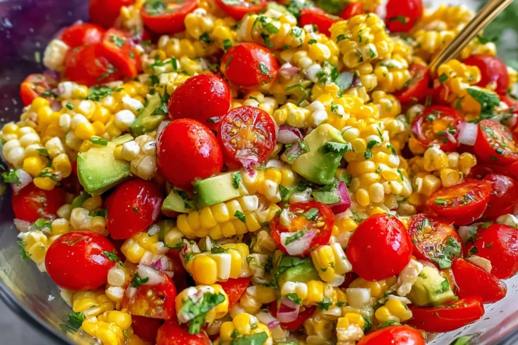 Summer Corn Salad with Avocado close-up with sweet corn, cherry tomatoes, red onion, cilantro, and lime dressing in a mixing bowl.