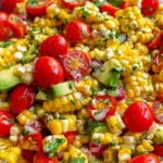 Summer Corn Salad with Avocado close-up with sweet corn, cherry tomatoes, red onion, cilantro, and lime dressing in a mixing bowl.