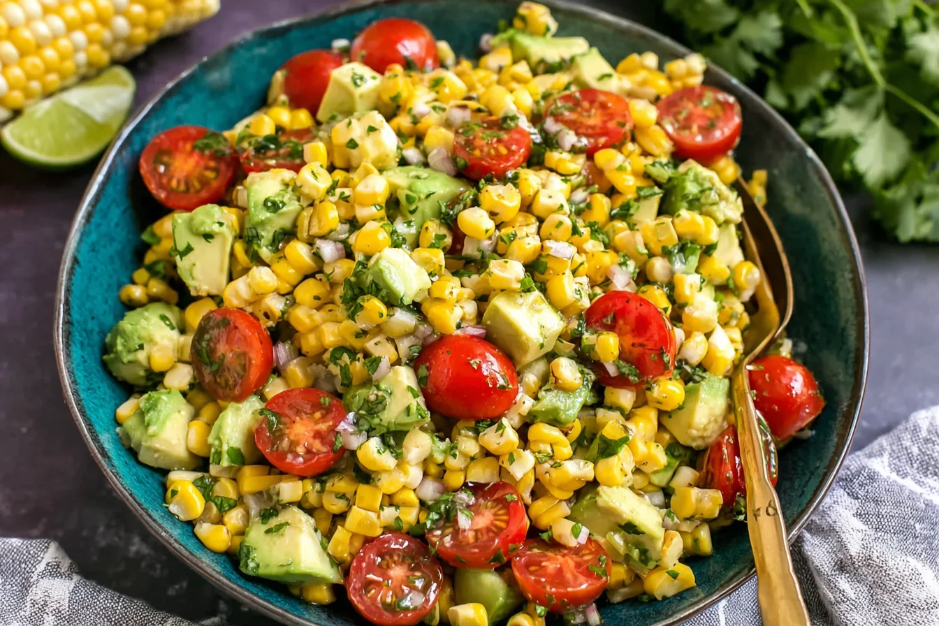 Summer Corn Salad with Avocado in a blue bowl with cherry tomatoes, cilantro, red onion, and fresh lime.
