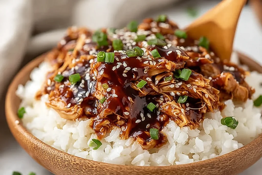 Sweet Crock Pot Teriyaki Chicken close-up on steamed white rice with thick teriyaki glaze, sesame seeds, and green onions in a wooden bowl.