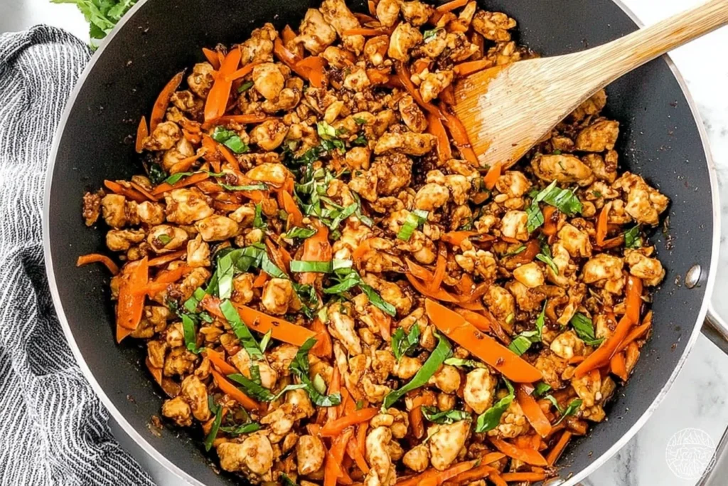 Thai Chicken Lettuce Wraps filling in a skillet with sweet chili ground chicken, shredded carrots, and fresh herbs, ready to spoon into lettuce cups.