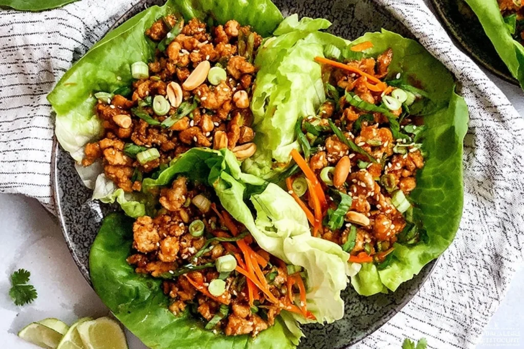 Thai Chicken Lettuce Wraps on a plate with butter lettuce cups filled with sweet chili ground chicken, shredded carrots, scallions, peanuts, and sesame seeds.